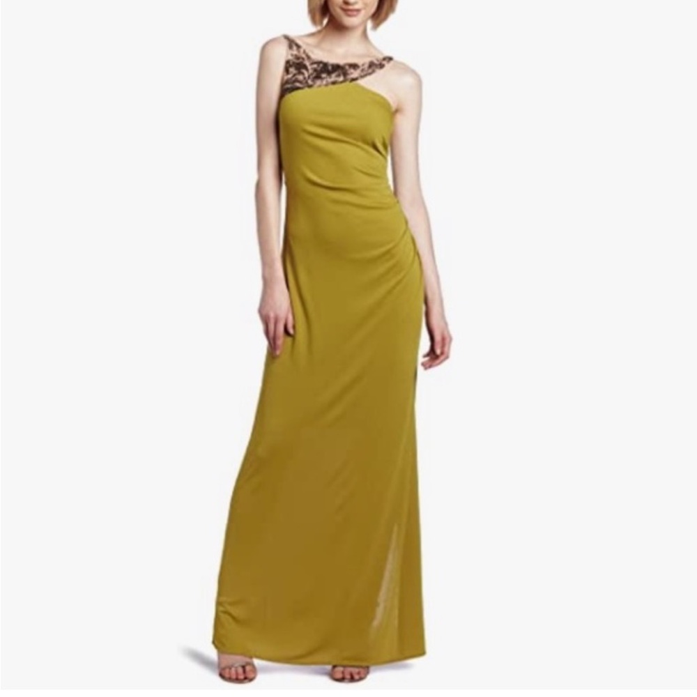 BCBG MAXAZRIA green full length gown dress with bronze sequin XS